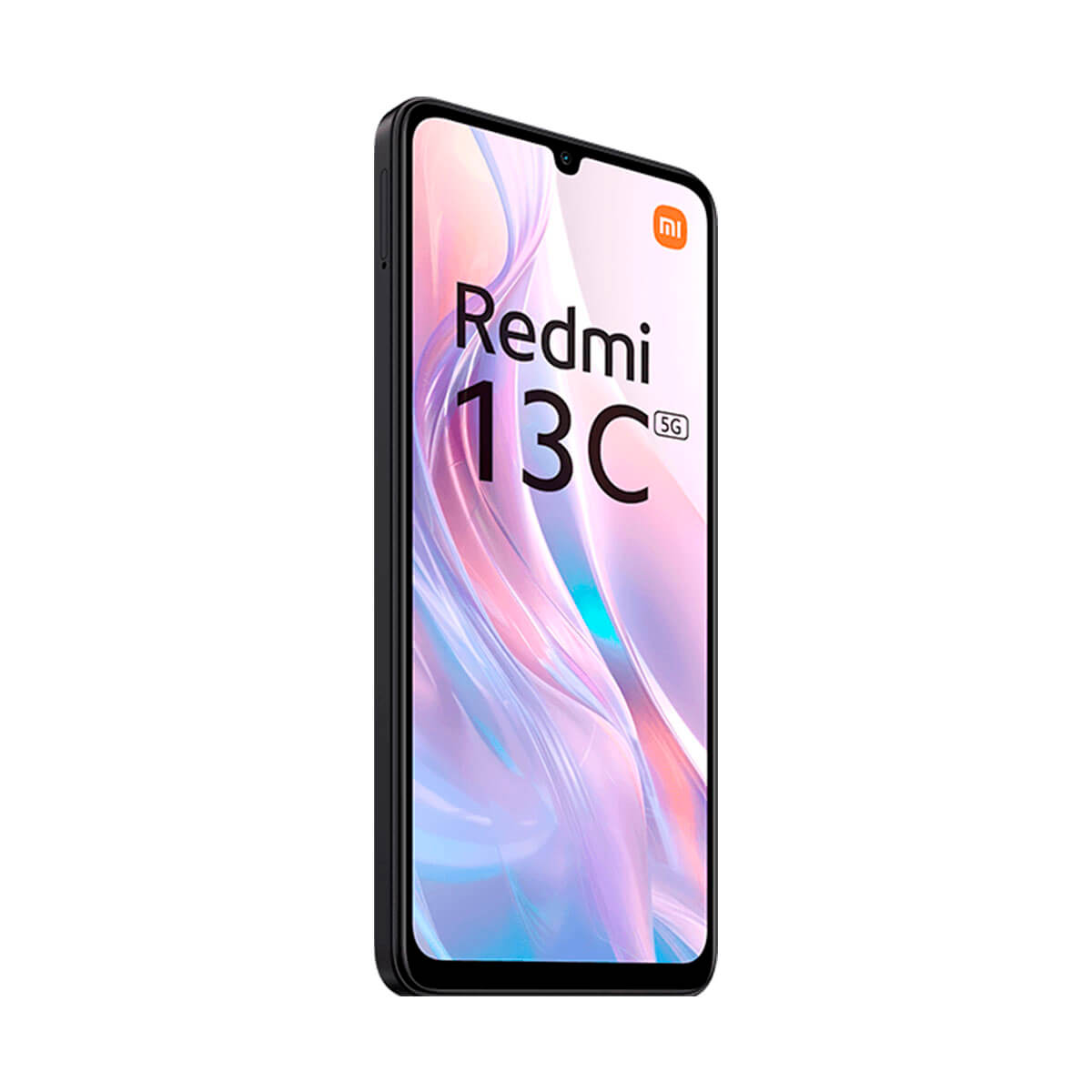 Czarny smartfon. Redmi 13C 5G na ekranie. Białe tło. Widok pionowy.