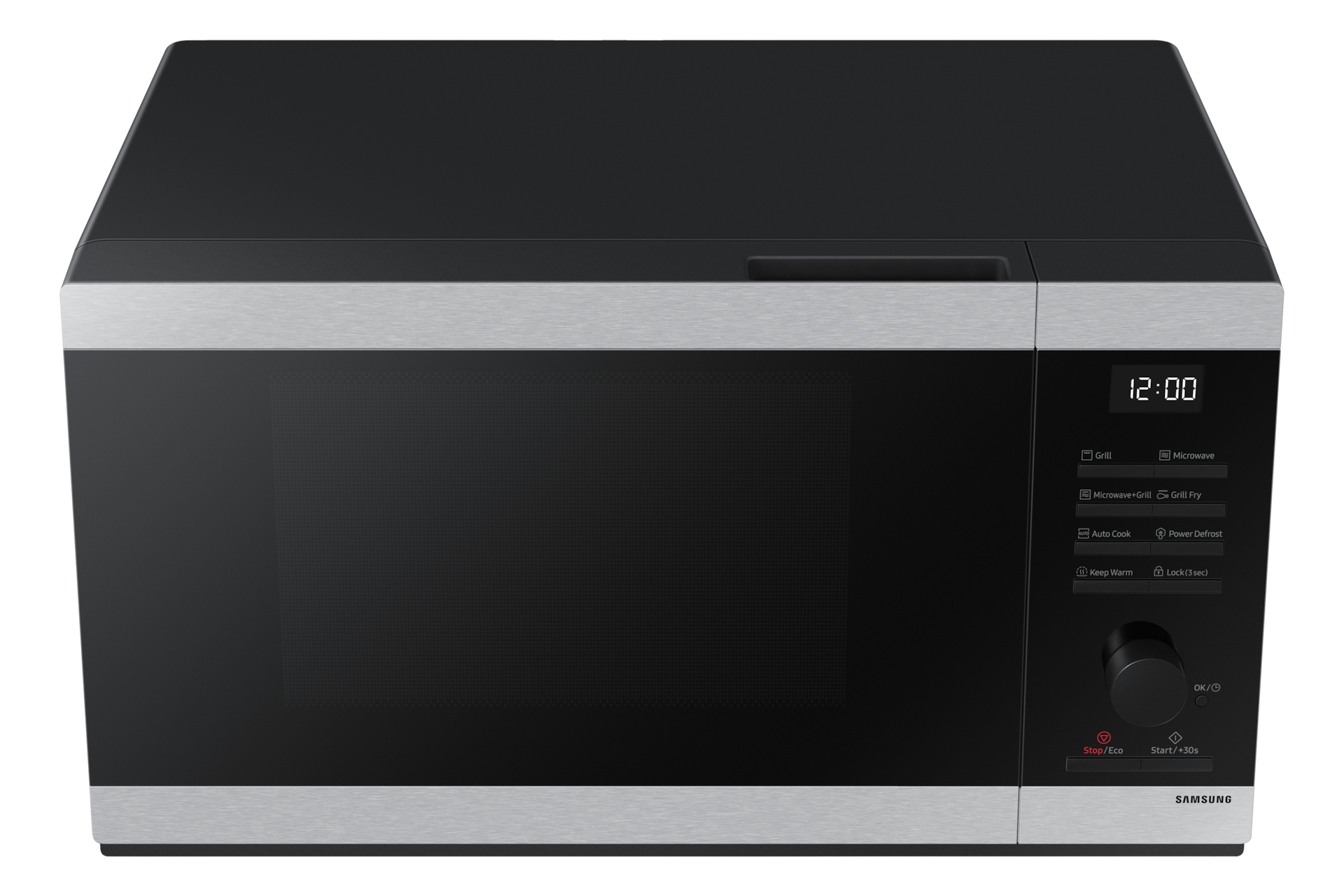 Czarny i srebrny piekarnik mikrofalowy z wyświetlaczem cyfrowym i panelem sterowania.