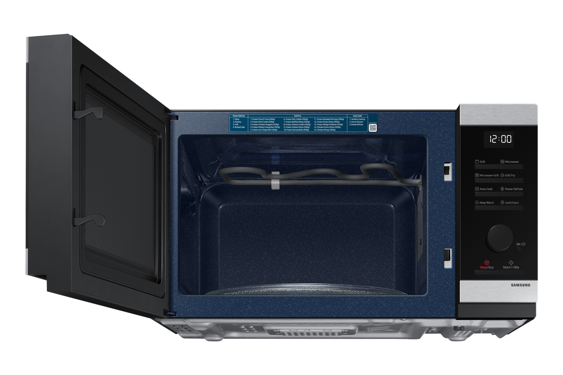 Wnętrze kuchenki mikrofalowej z otwartymi drzwiami, pokazujące szczegóły wnętrza.