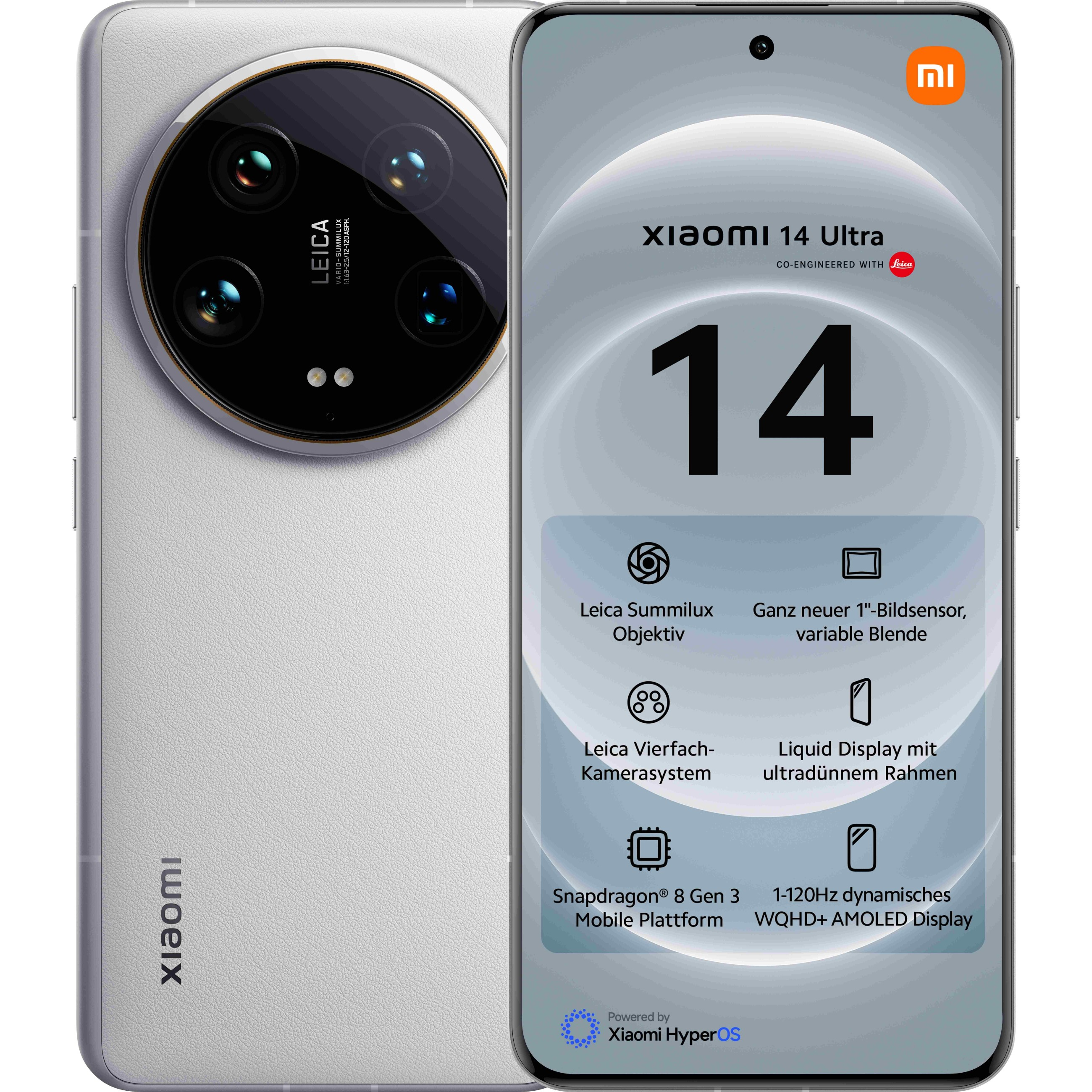 Ein silbernes Xiaomi 14 Ultra Smartphone auf weißem Hintergrund, mit Kameramodul und Bildschirmdetails.