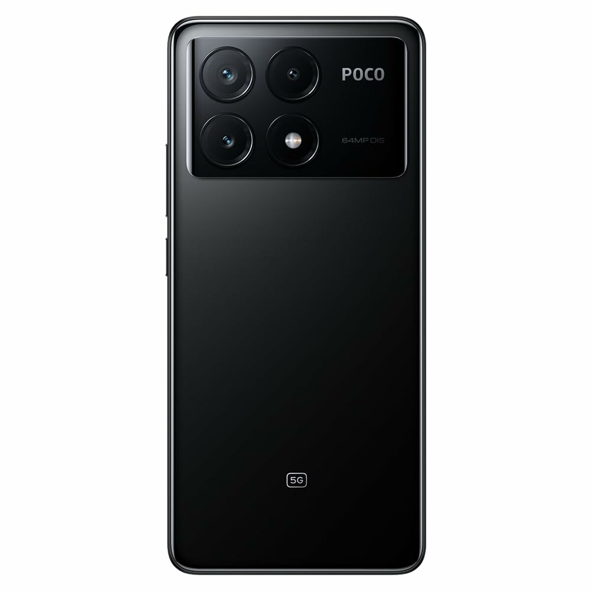 Dört arka kameralı siyah bir akıllı telefon. Arkası siyah ve POCO logosu var.