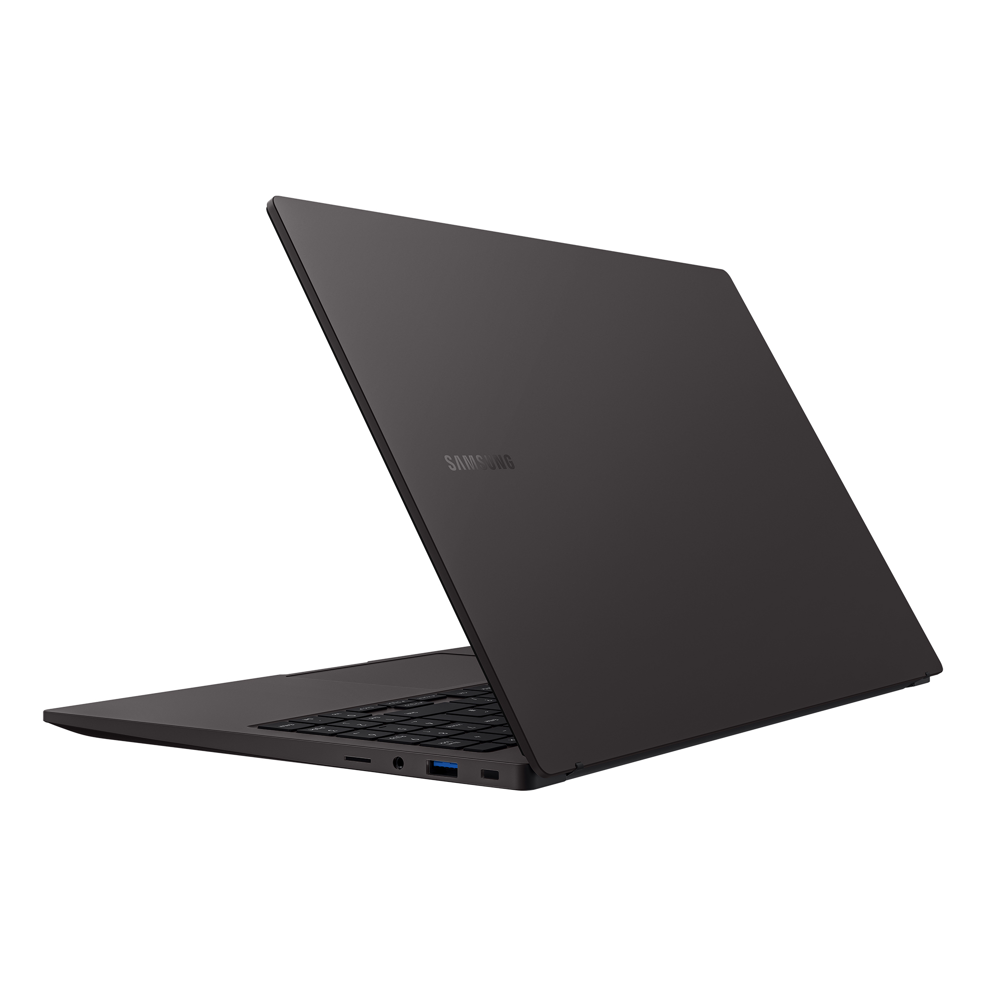 Un computer portatile nero, chiuso e visto da dietro. Il logo Samsung è visibile.