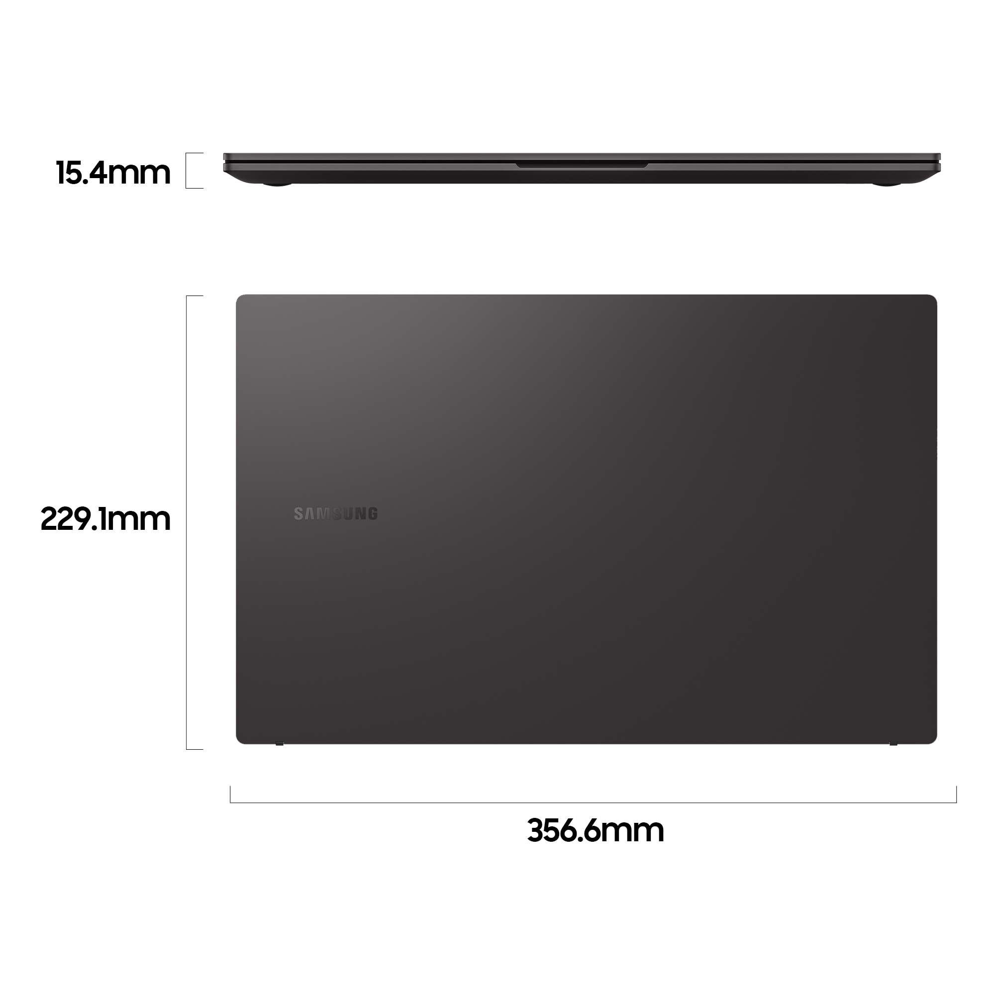 Un laptop è mostrato con dimensioni e il logo Samsung è visibile.