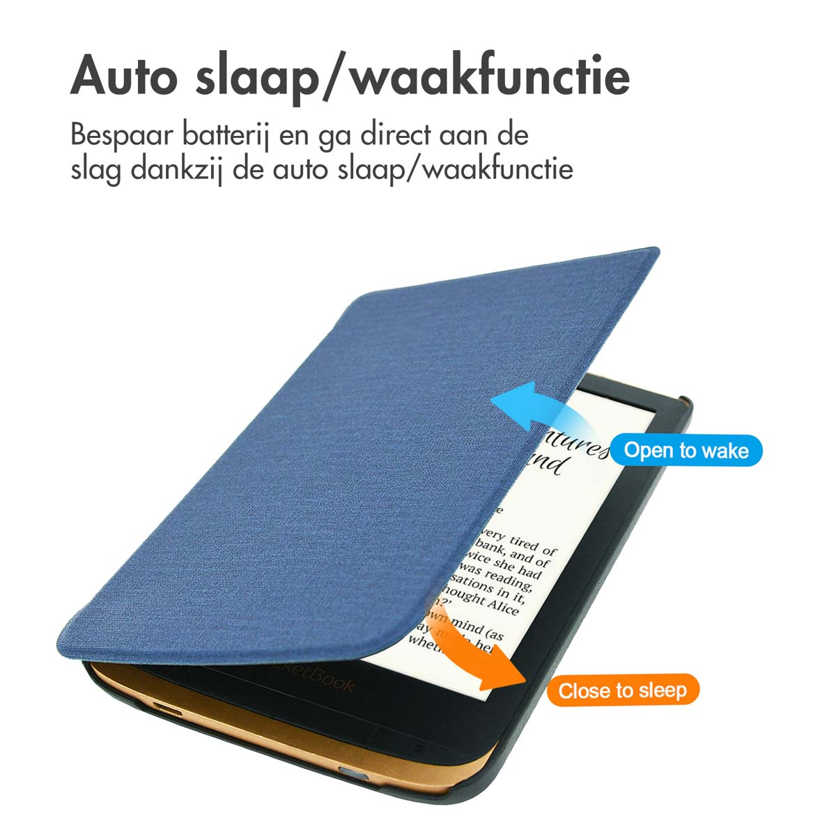 Een e-reader met een blauwe cover. Toont openen om te activeren en sluiten om te slapen indicaties.