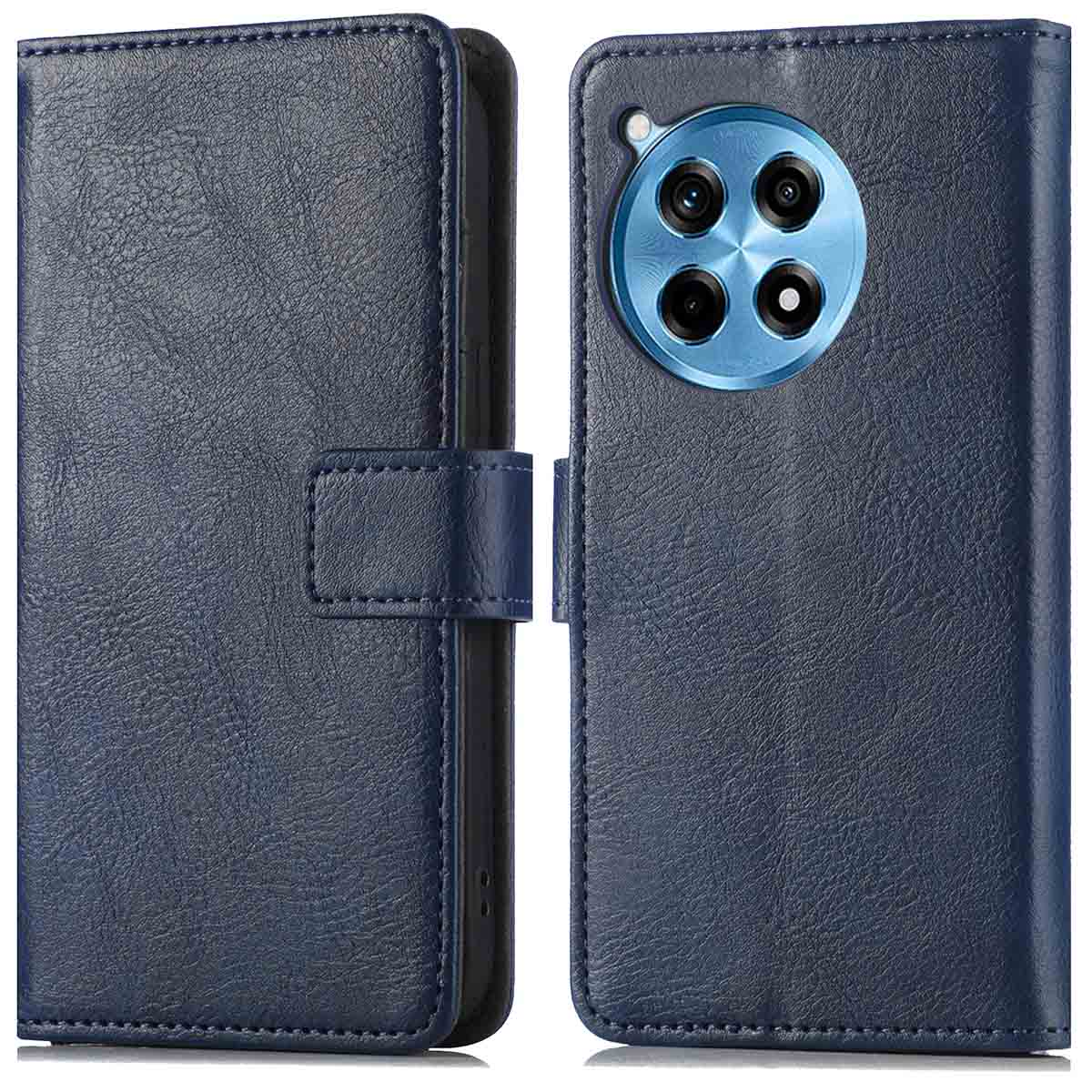 Blauwe lederen telefoonhoes. Gesloten en open, met magnetische sluiting. Camera-uitsparingen.