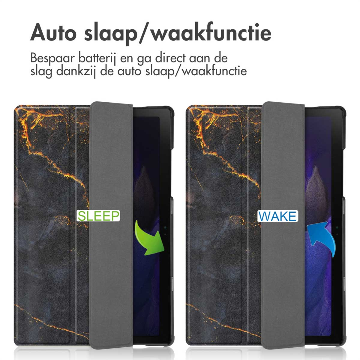 Deux étuis pour tablette avec fonction veille/réveil, un ouvert, un fermé. Les deux ont un motif marbré.