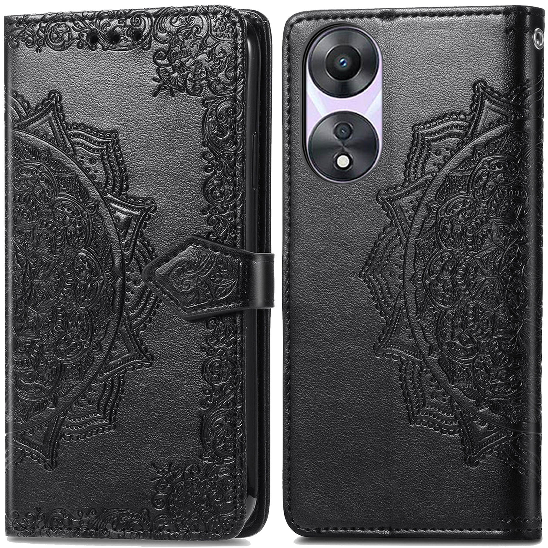 Zwarte telefoonhoes met mandala-ontwerp. Het heeft een sluiting en een telefoon erin.