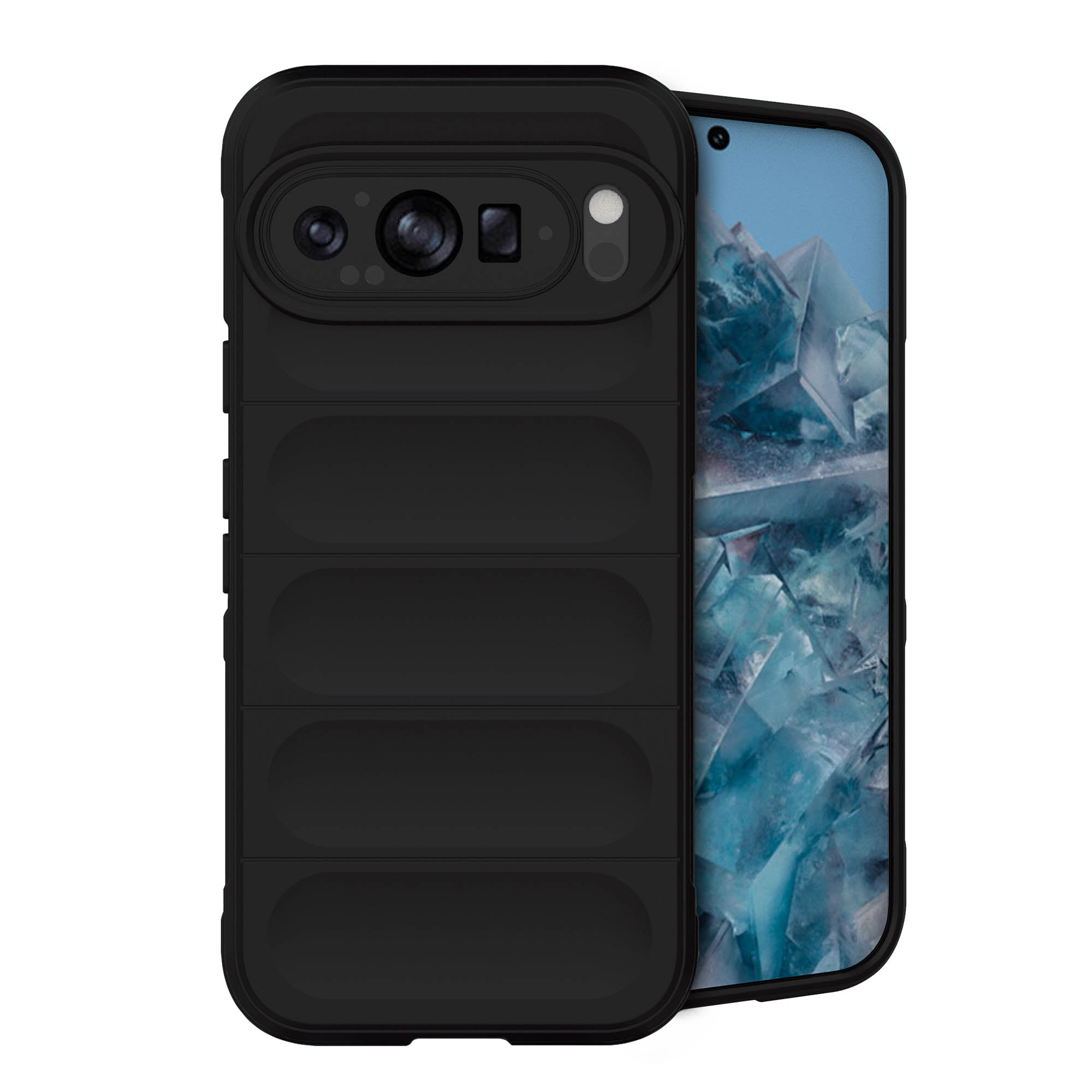 Coque de téléphone noire avec bosse pour la caméra, écran montre une image de glace bleue.