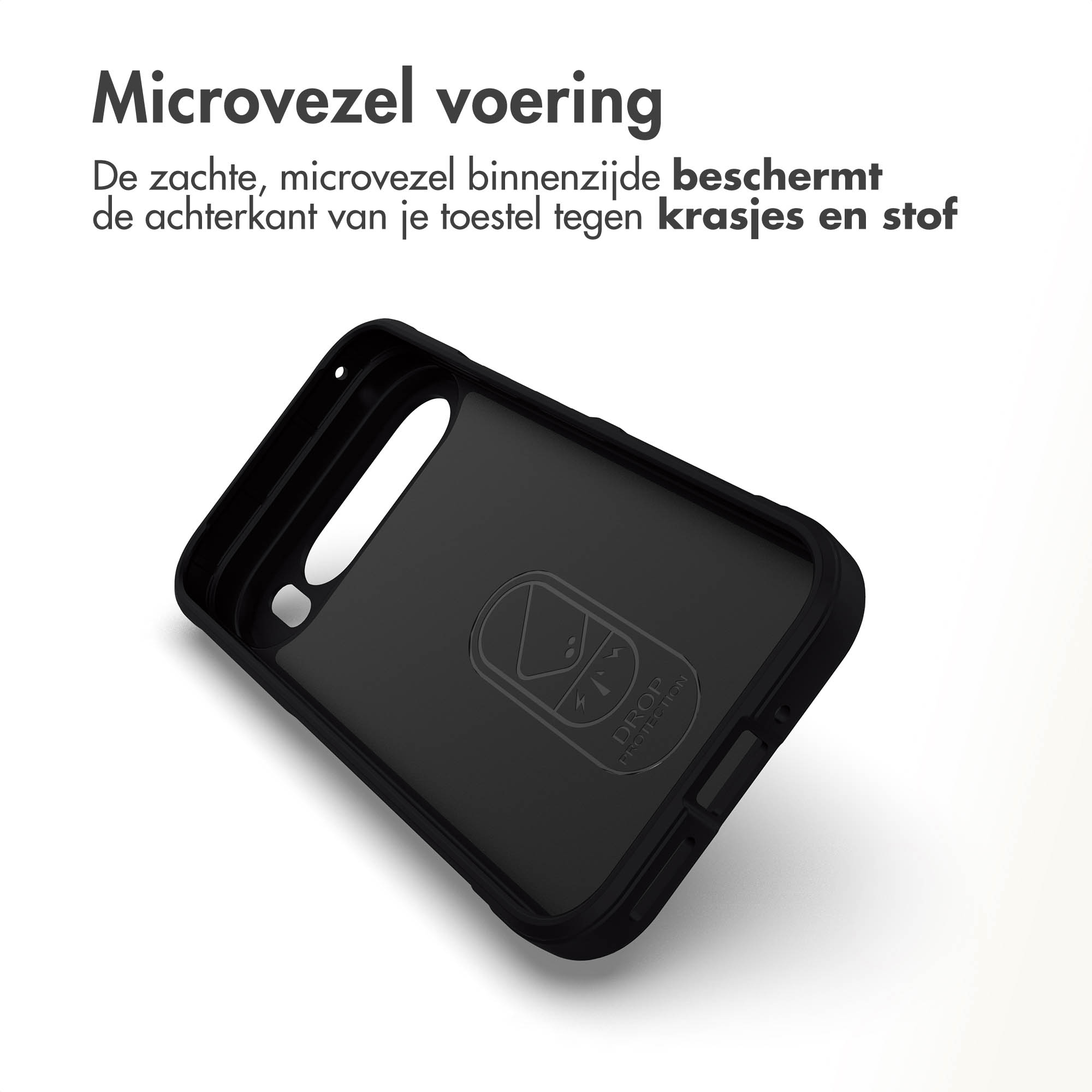 Intérieur d'étui de téléphone noir. Doublure en microfibre. Logo de protection contre les chutes.