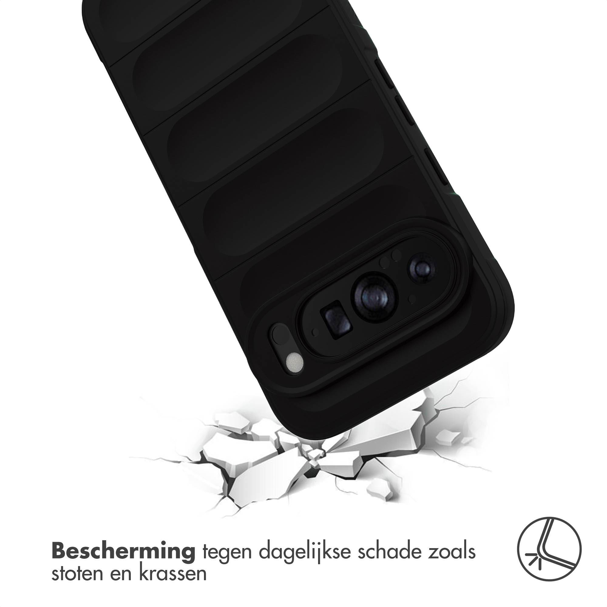 Coque de téléphone noire sur surface blanche. Texte : Protection contre les dommages quotidiens comme les chocs.