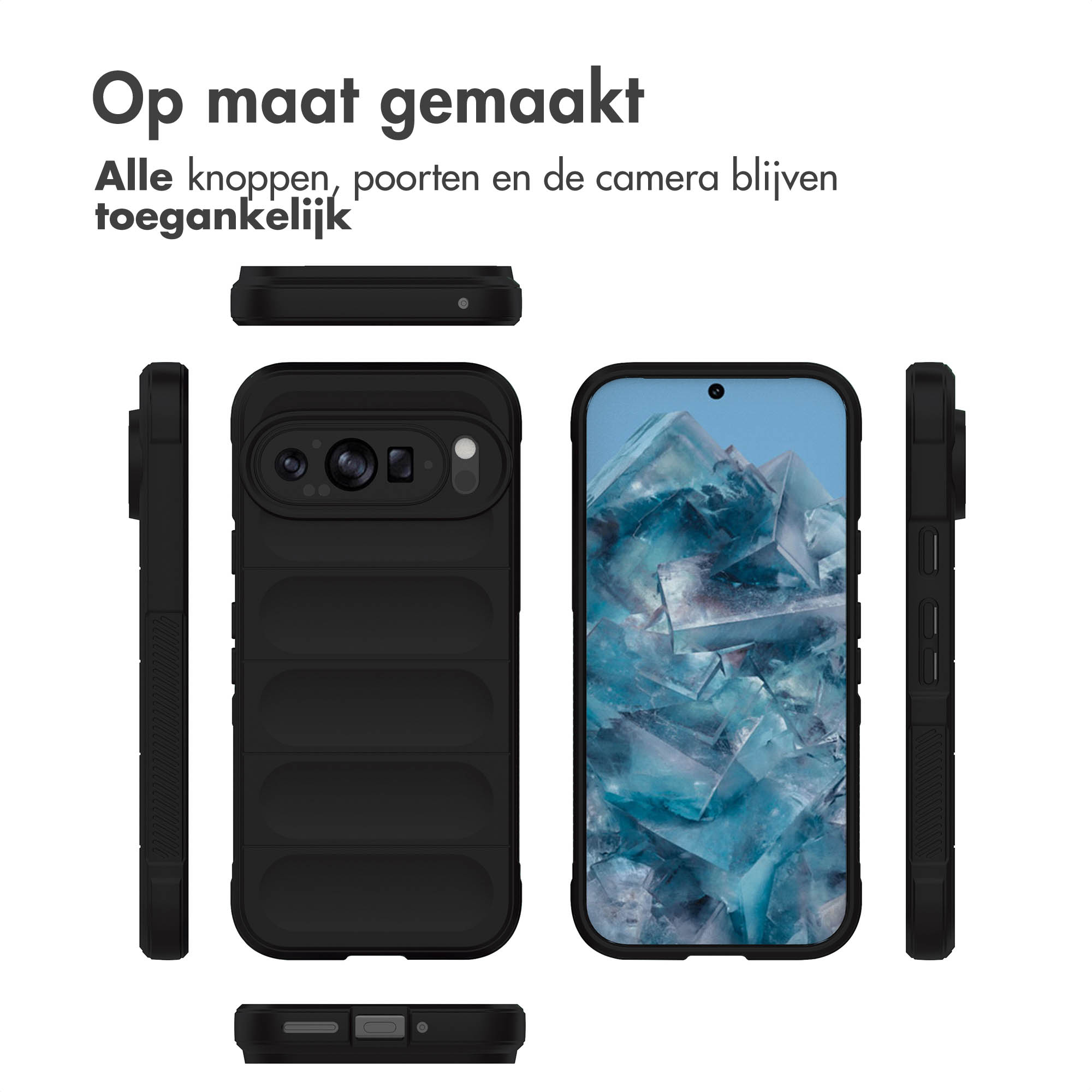 Un étui de téléphone noir avec un téléphone et un intérieur blanc, vu sous plusieurs angles.