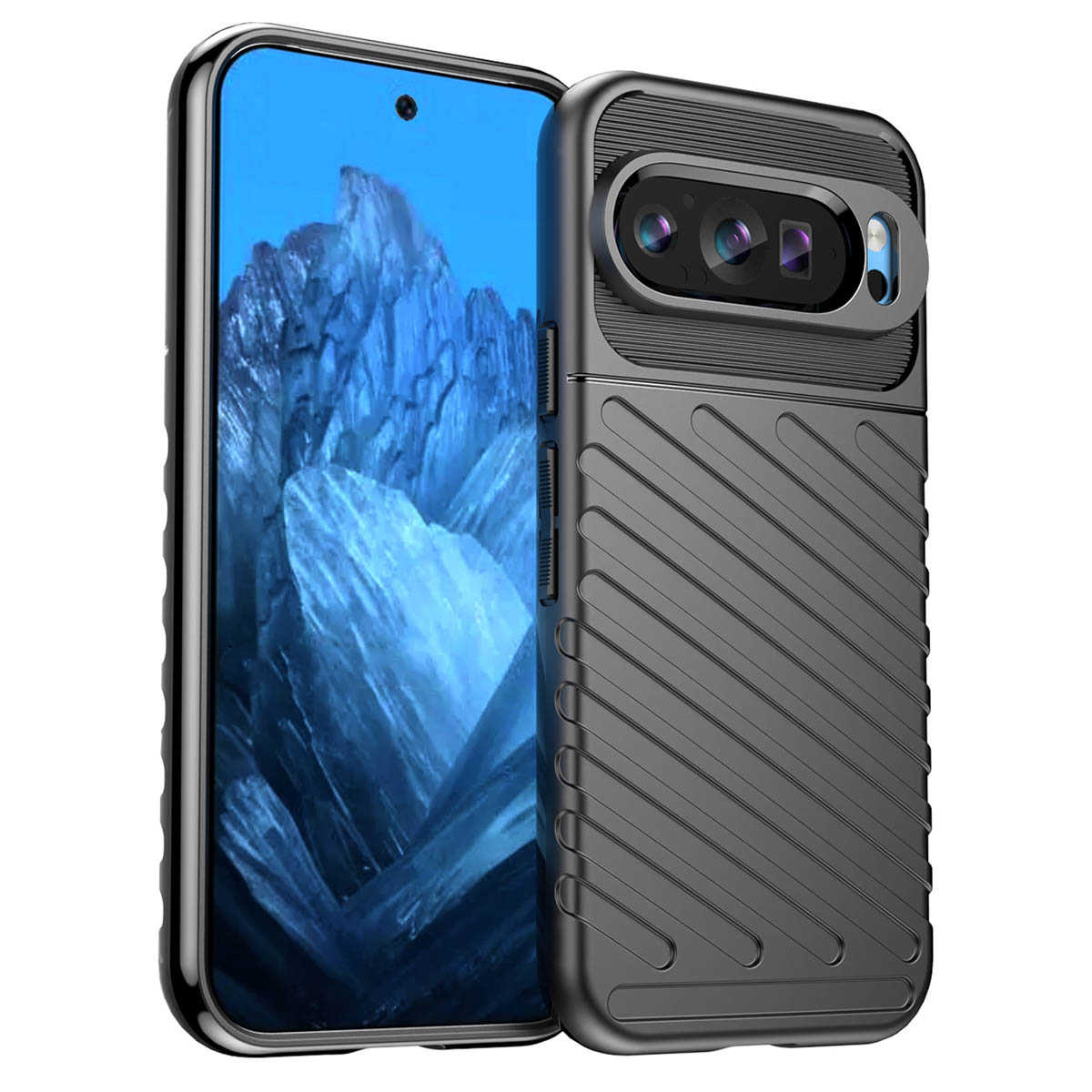 Een zwarte telefoon met een getextureerde hoes, een prominente cameramodule en een blauw scherm.