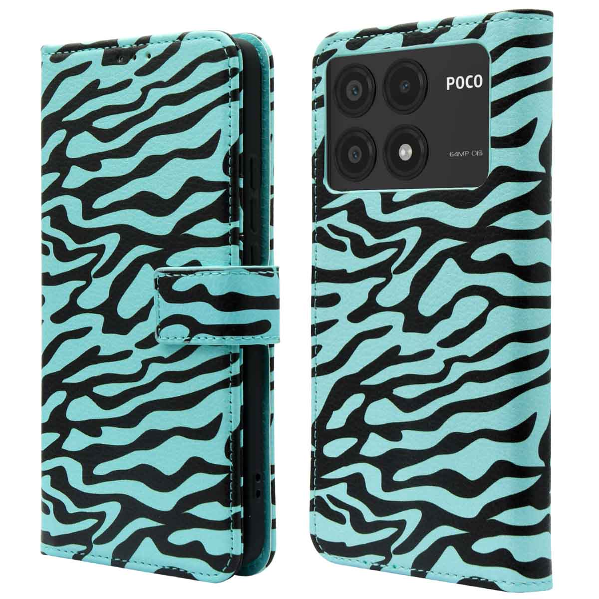 Een telefoonhoesje met een zebrapatroon. De case is blauw en zwart met een magneetsluiting.