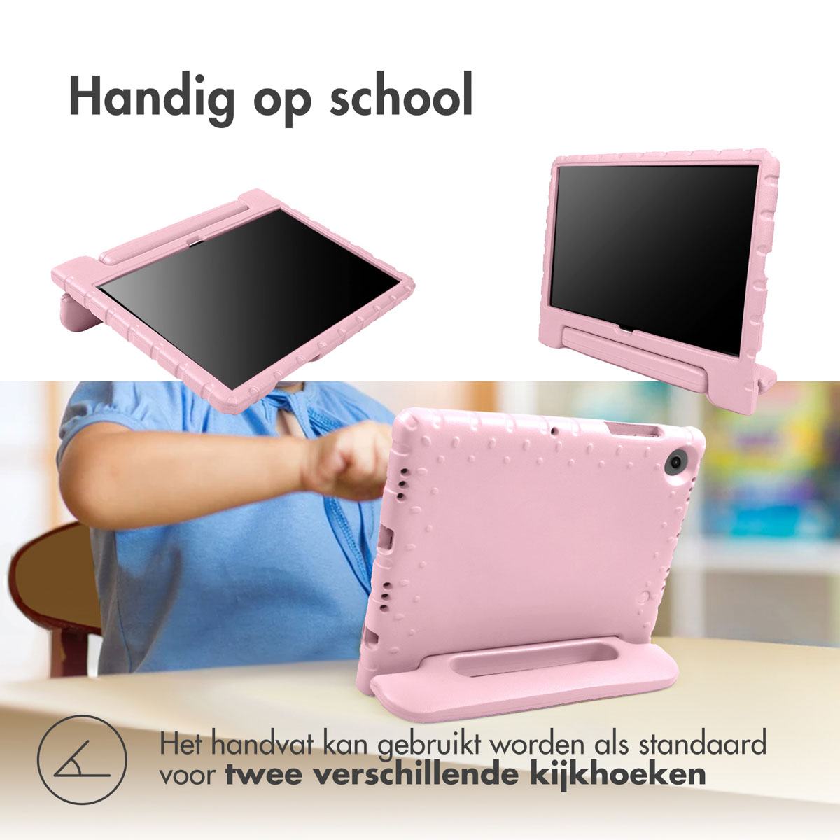 Roze tablethoesje met standaard, in drie aanzichten, op een tafel, met tekst in het Nederlands.