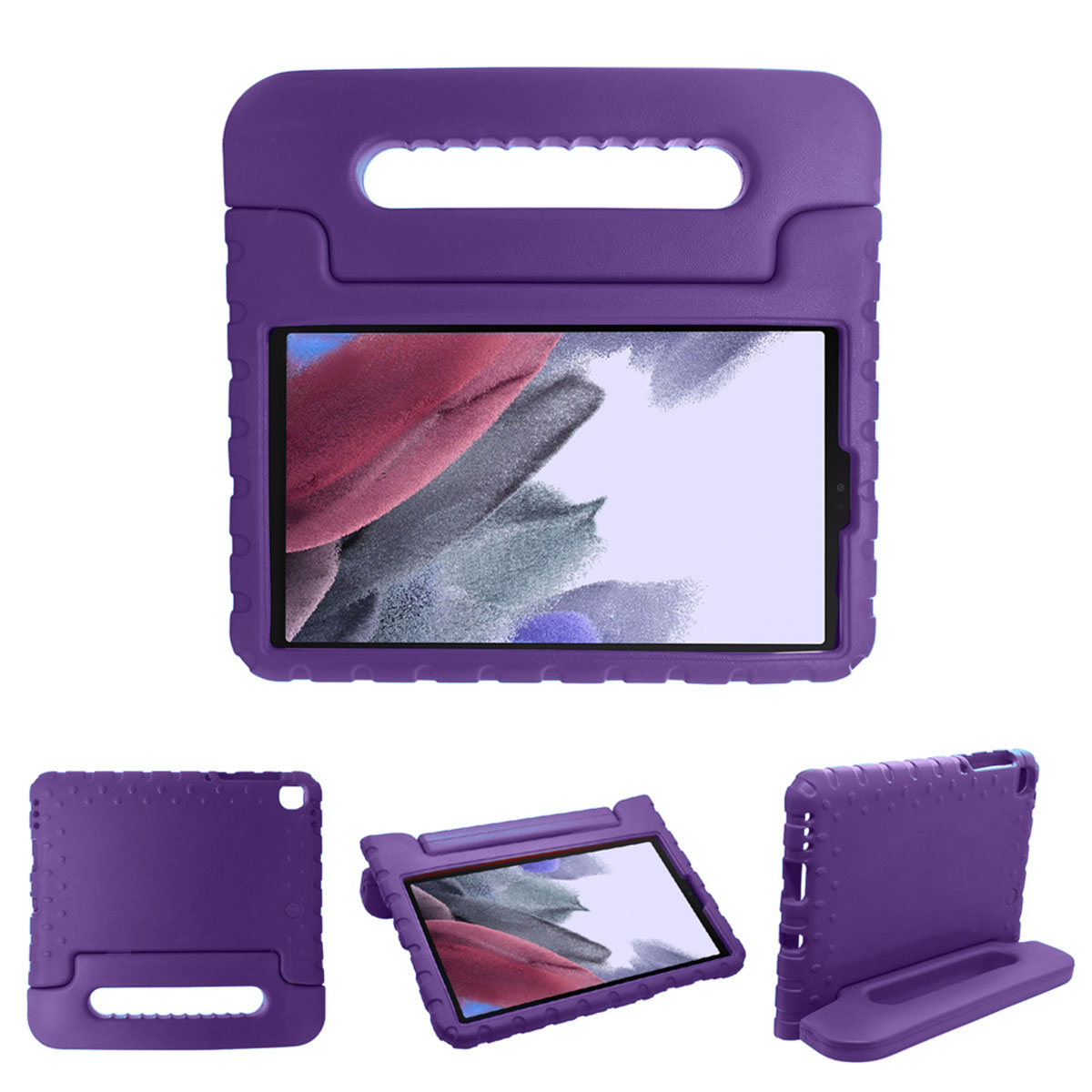 Paarse tablethoes. Handvat bovenop, meerdere weergaven. Tablet binnenin, afgeronde randen.