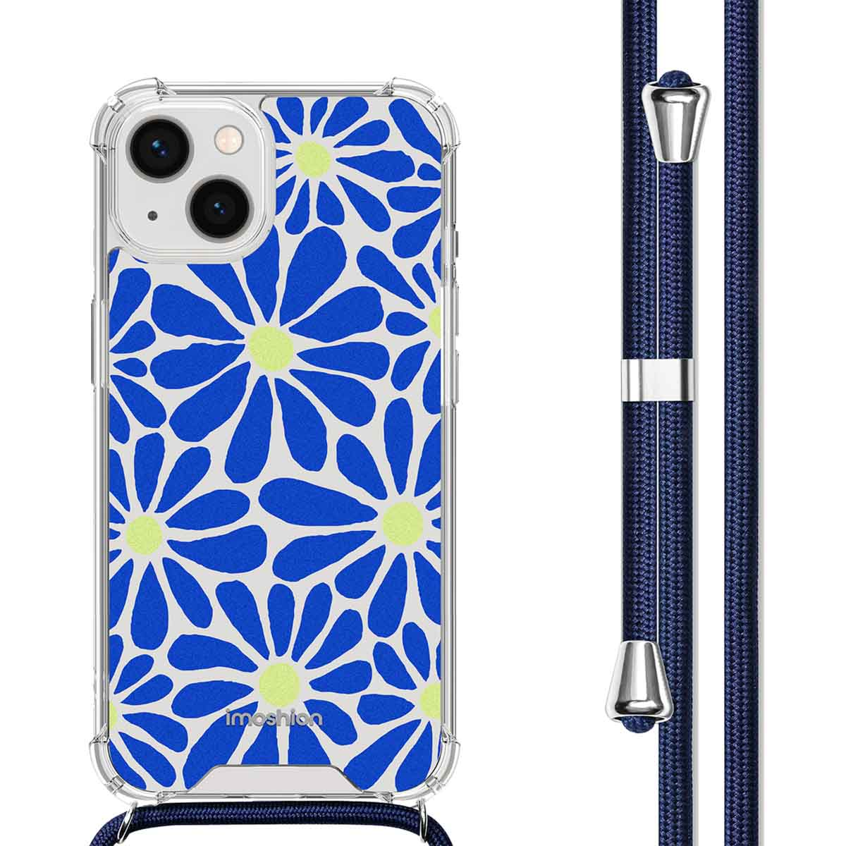 Un téléphone dans un étui transparent avec un motif de fleurs bleues et une sangle bleue.
