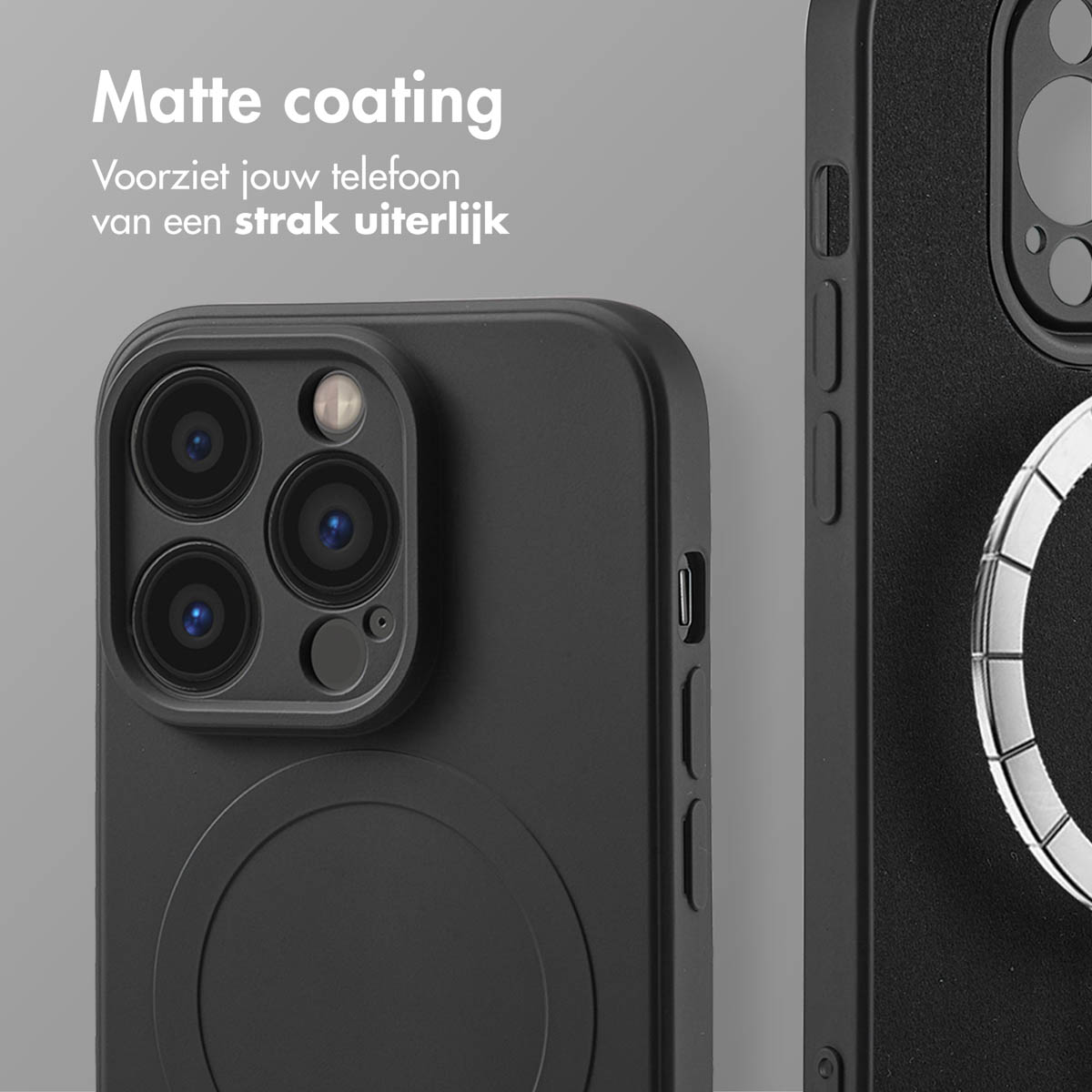 Telefono nero con tripla fotocamera e anello porta anello. Rivestimento opaco.