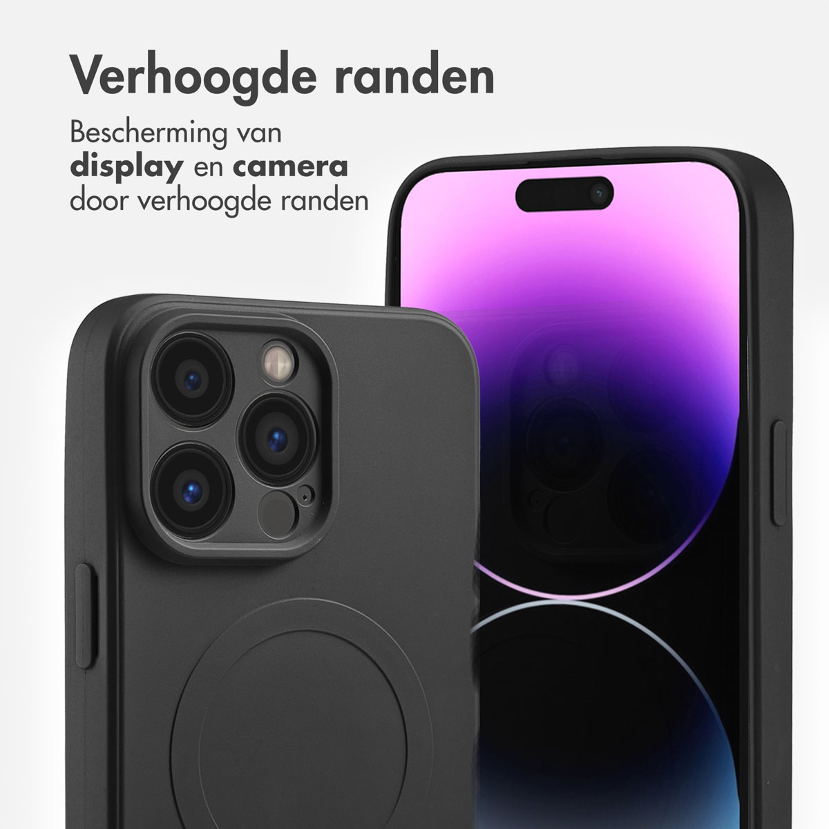 Zwarte telefoonhoes met een cirkelvormig element. Het scherm van de telefoon is zichtbaar.