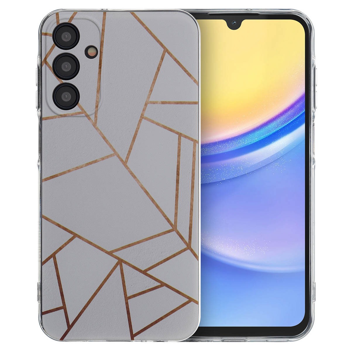 Telefoon in een grijze hoes met een gouden geometrisch patroon. Het scherm is zichtbaar.