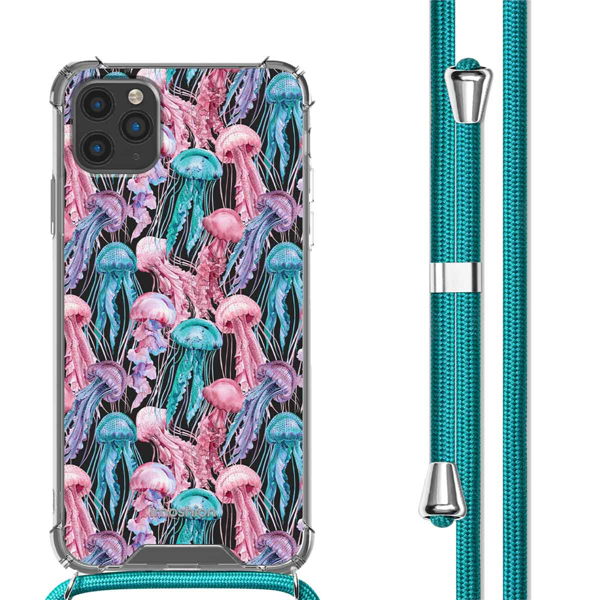 Coque de téléphone avec motif de méduses. Méduses roses, bleues sur fond noir. Lanière turquoise.