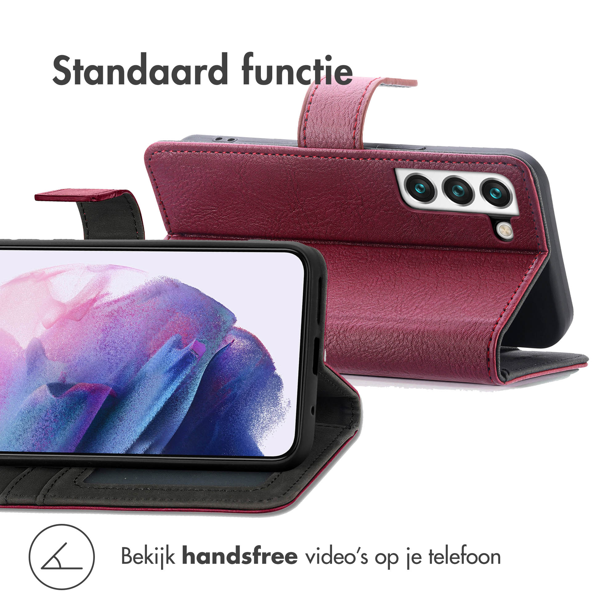 Una custodia per telefono rosso scuro con funzione stand e schermo aperto.