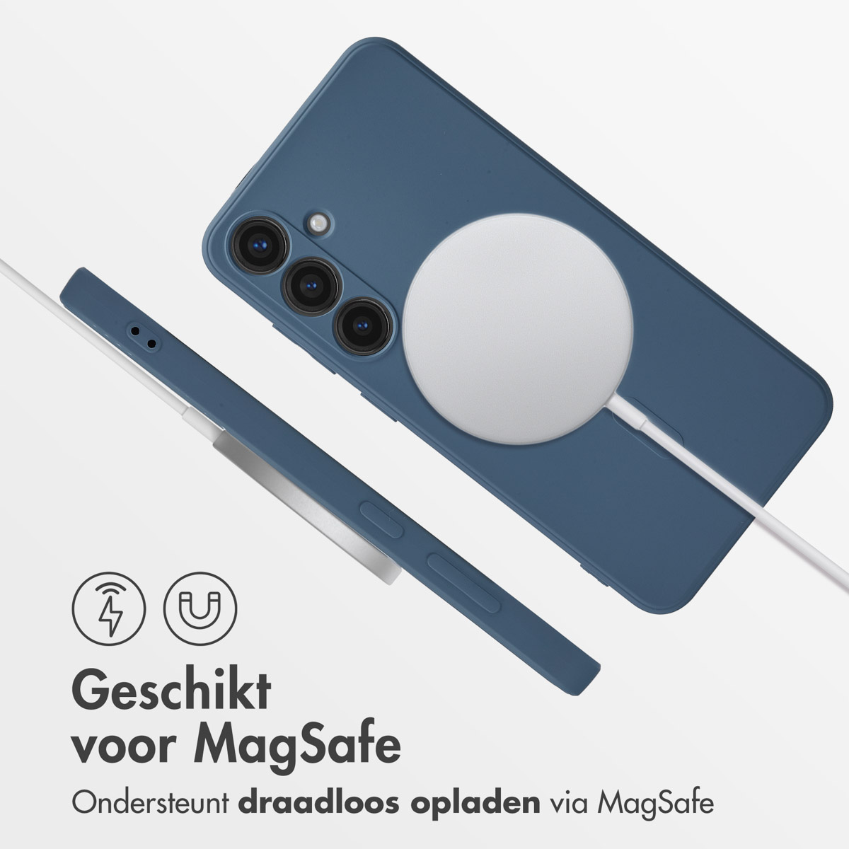 Een blauwe smartphone met MagSafe lader en kabel.