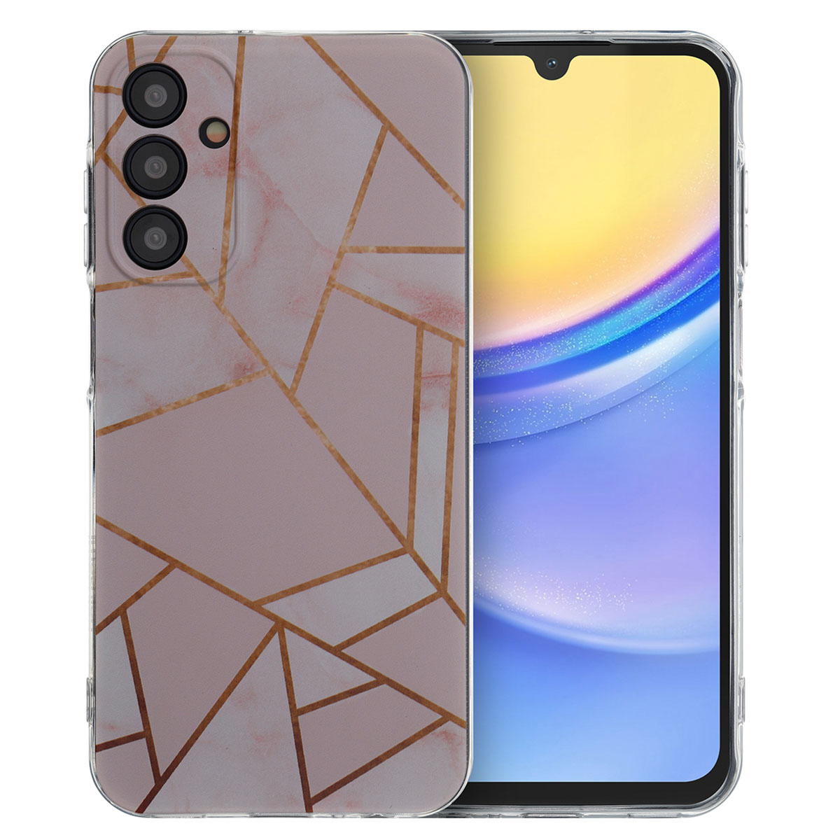 Een telefoonhoesje met een marmerachtig roze en gouden geometrisch ontwerp met cameralenzen.