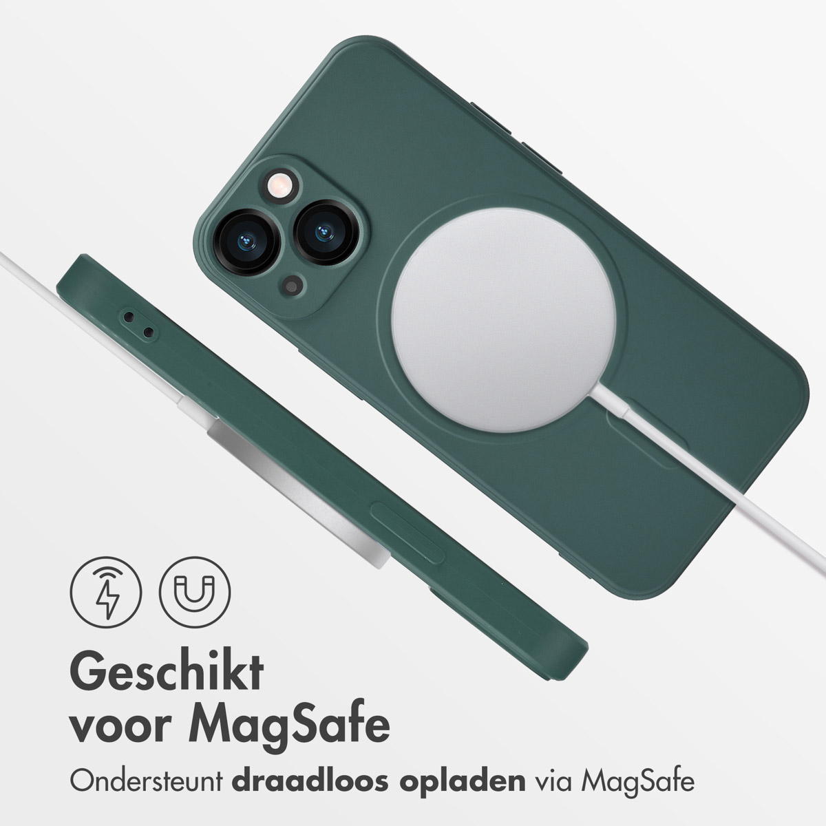 Coque de téléphone verte avec chargeur sans fil. Compatible MagSafe. Câble blanc.