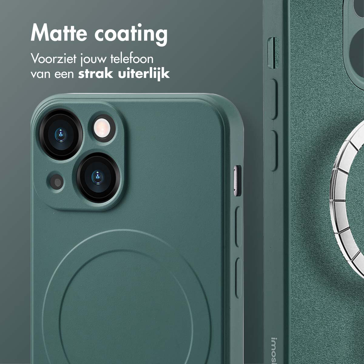 Gros plan d'une coque de téléphone verte avec objectifs de caméra. Revêtement mat. Partie du téléphone.