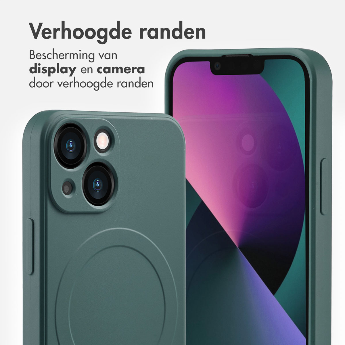 Coque de téléphone verte avec téléphone à l'intérieur, gros plan de caméra et écran.