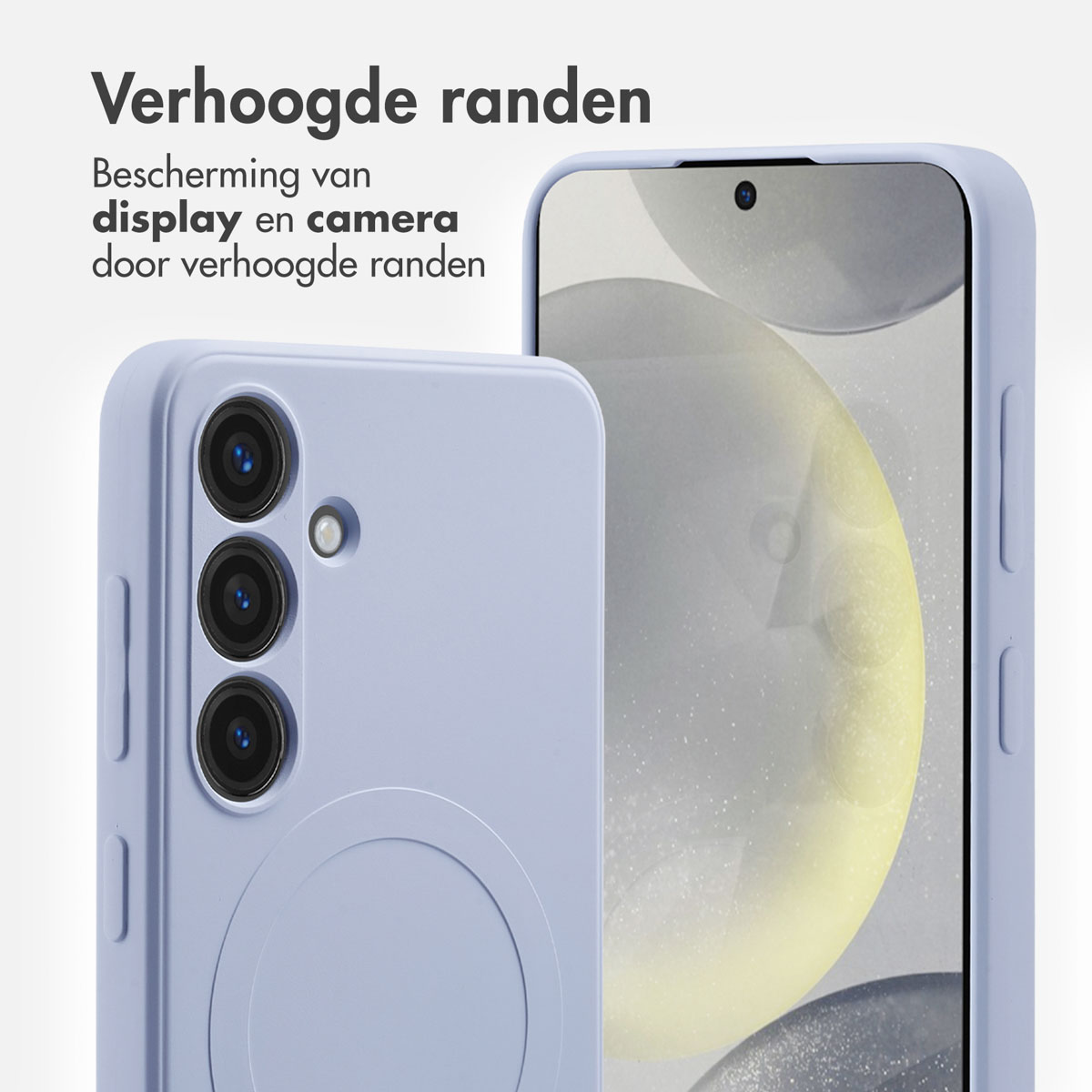 Een lichtpaarse telefoonhoes met verhoogde randen, die de telefoon beschermt.