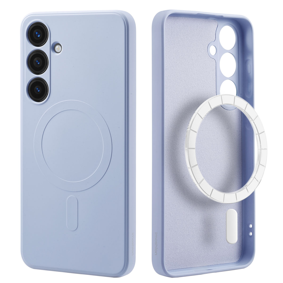 Twee lichtblauwe telefoonhoesjes, één met een camera-uitsparing en een MagSafe-cirkel. De andere toont de binnenkant.
