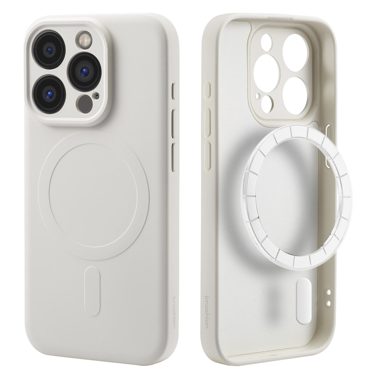 Gebroken witte telefoonhoes. Twee aanzichten. Voorzien van camera-uitsparingen en een cirkelvormig MagSafe-ontwerp.