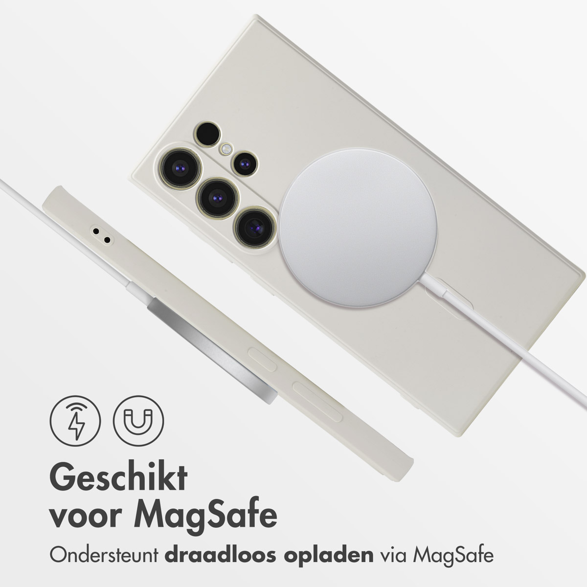 Un smartphone beige clair avec chargeur MagSafe et étui.