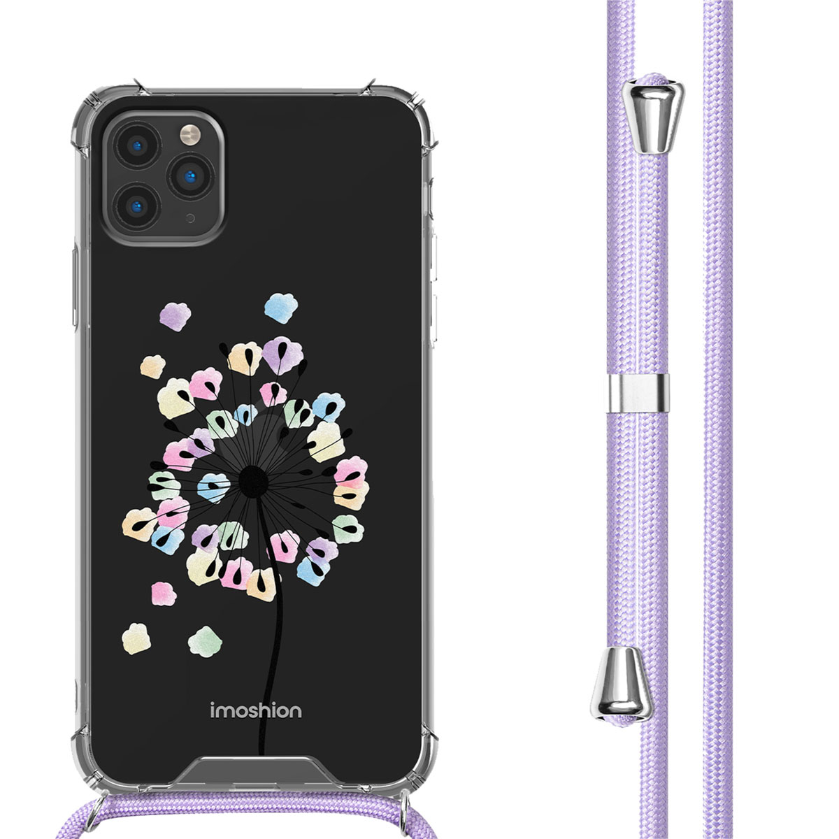 Coque de téléphone avec motif pissenlit et cordon violet.