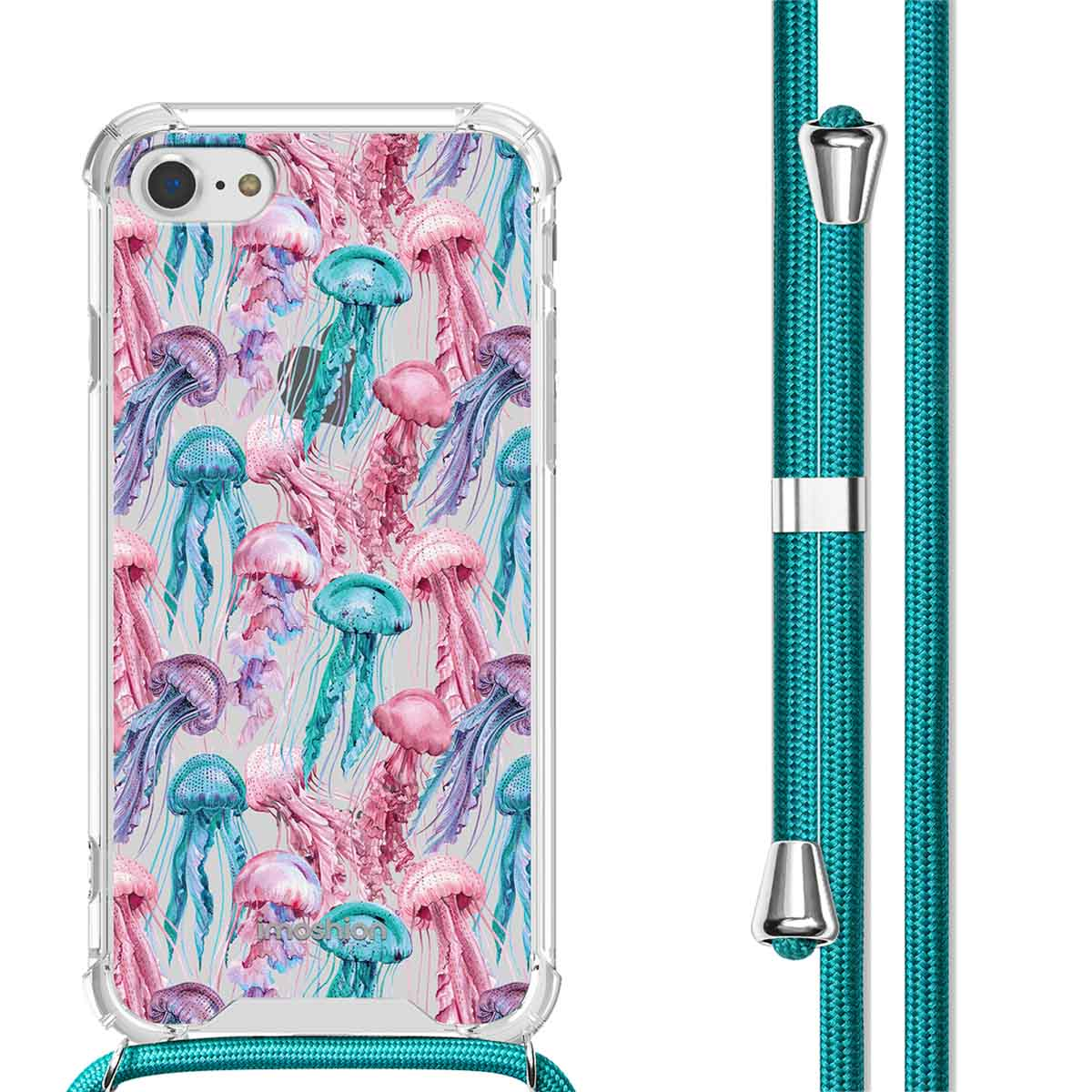 Transparant telefoonhoesje met kwallenpatroon en een turquoise koord.