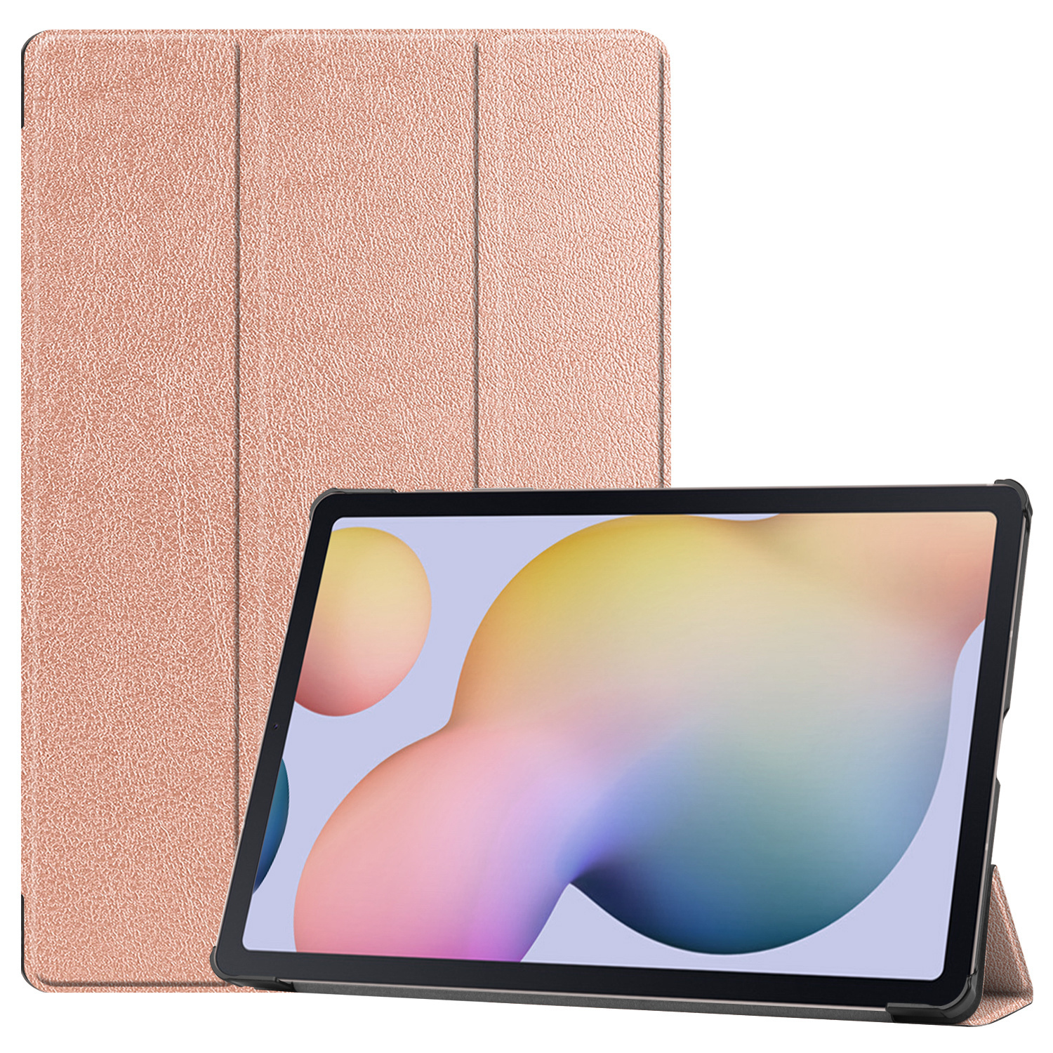 Een roségouden tablethoes, open om een tablet met een kleurrijke abstracte achtergrond te laten zien.