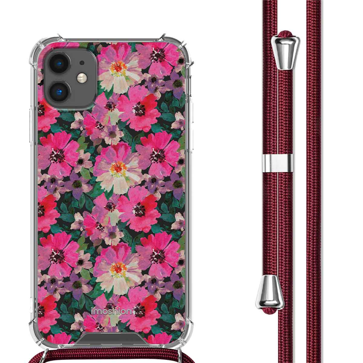 Une coque de téléphone avec un motif floral et un cordon attaché. Les fleurs sont roses.