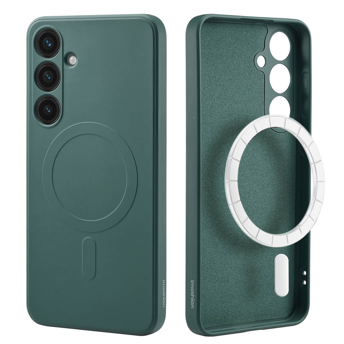 Groene telefoonhoes met een cirkel. De telefoonhoes heeft een magnetische ring.