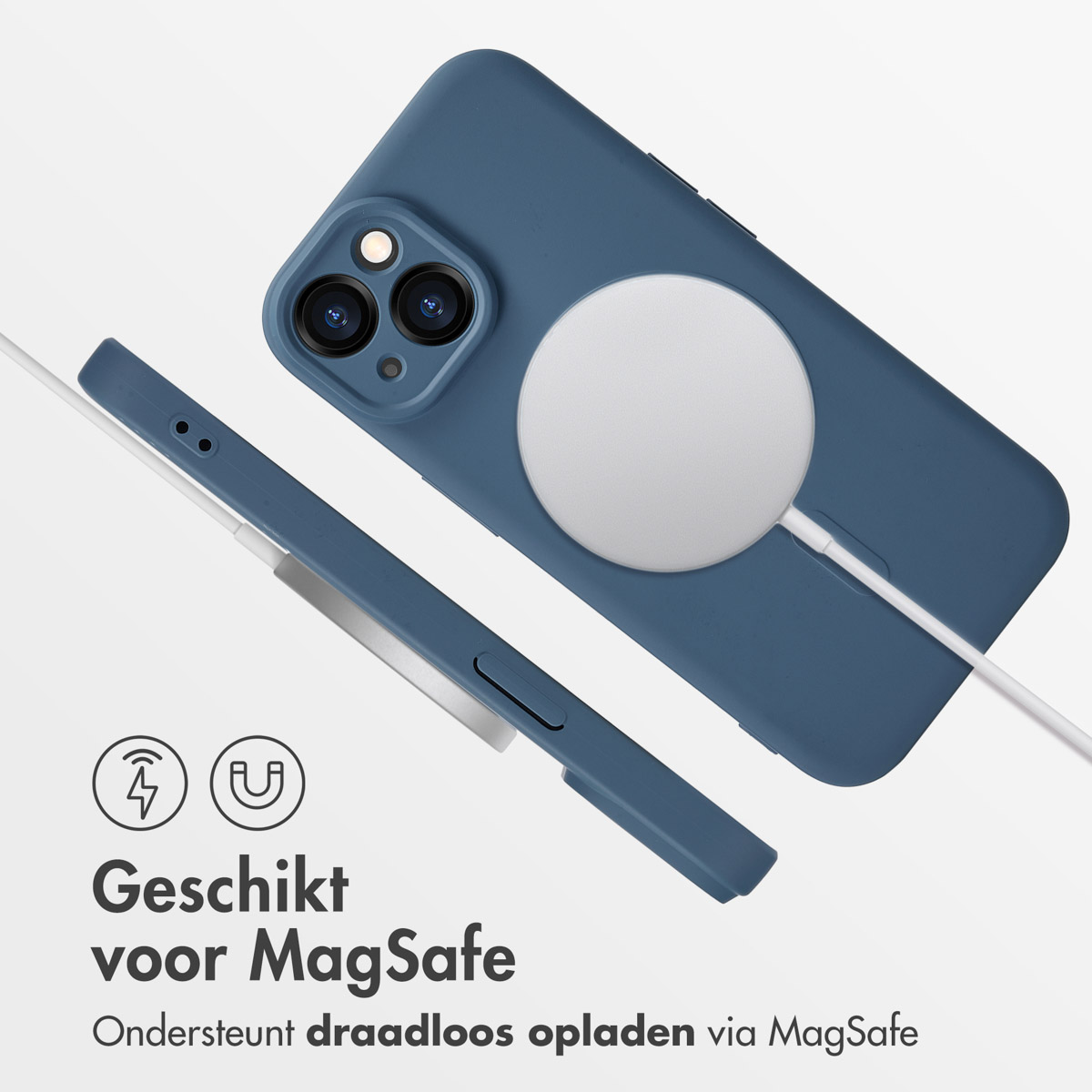 Blue phone case with MagSafe charger and white charging cable.