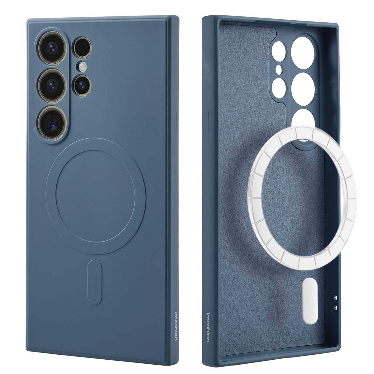Deux étuis de téléphone, un avec un cercle et l'autre avec un cercle blanc sur fond bleu.