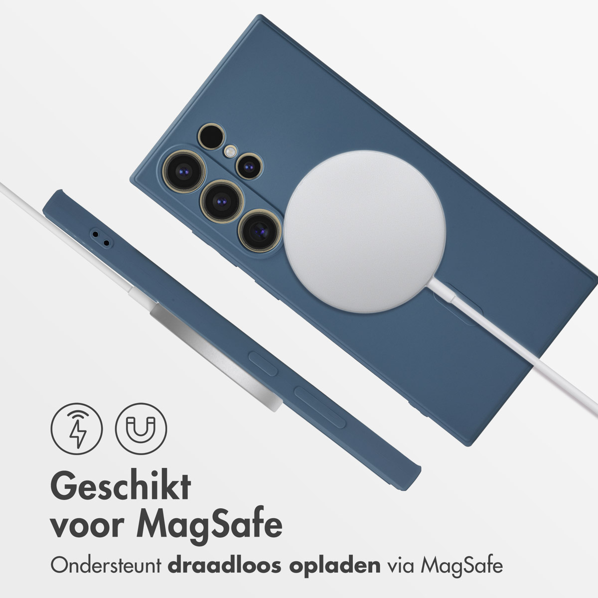 Un smartphone bleu avec chargeur MagSafe et texte.