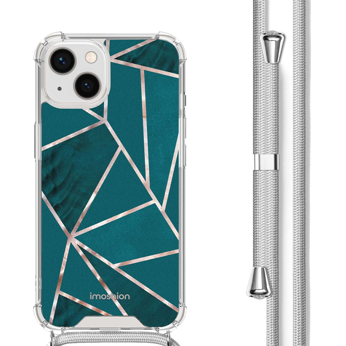 Telefoonhoesje met turquoise geometrisch design. Turquoise achtergrond, roségouden lijnen. Merk Imoshion.