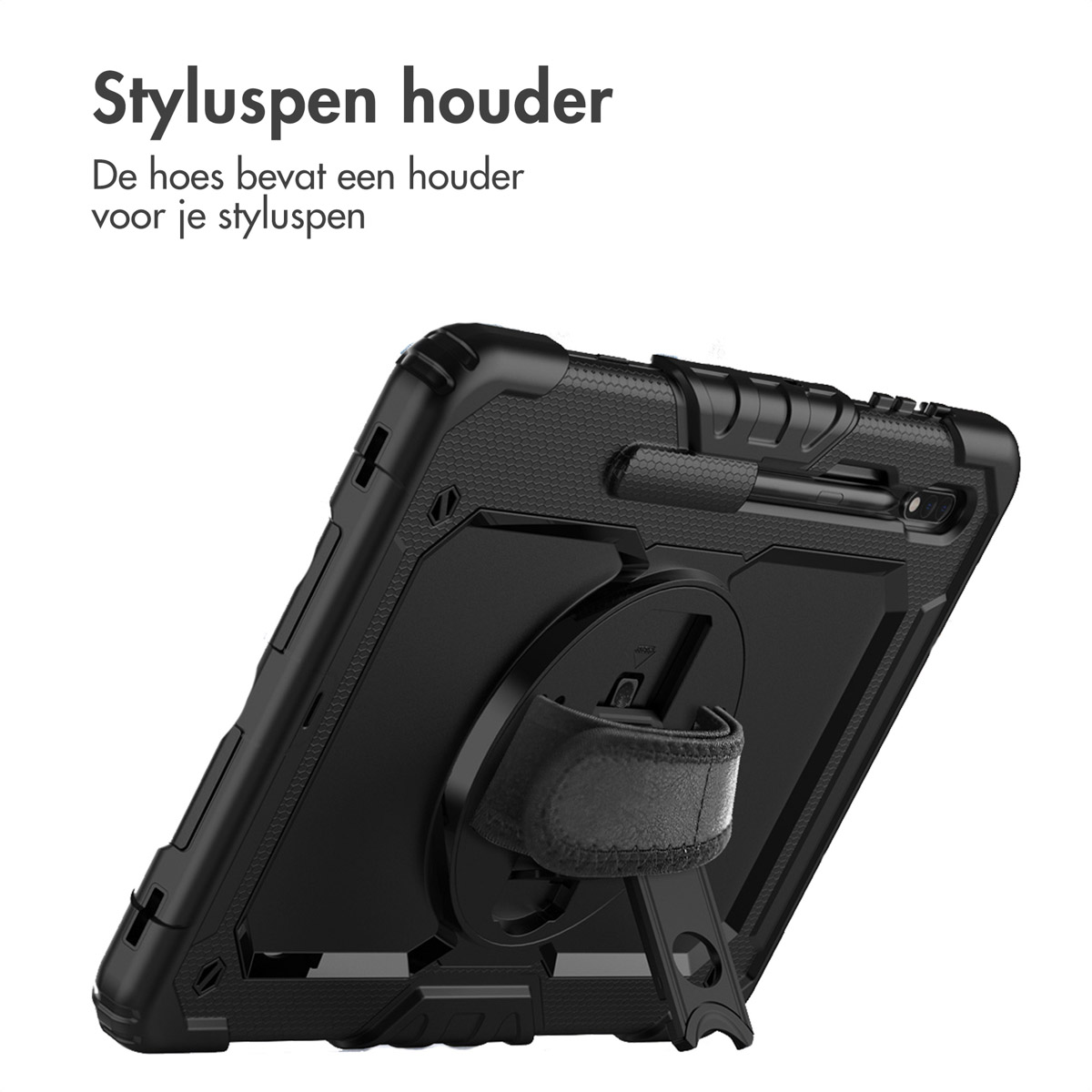 Black tablet case with stylus holder and a hand strap on the back.