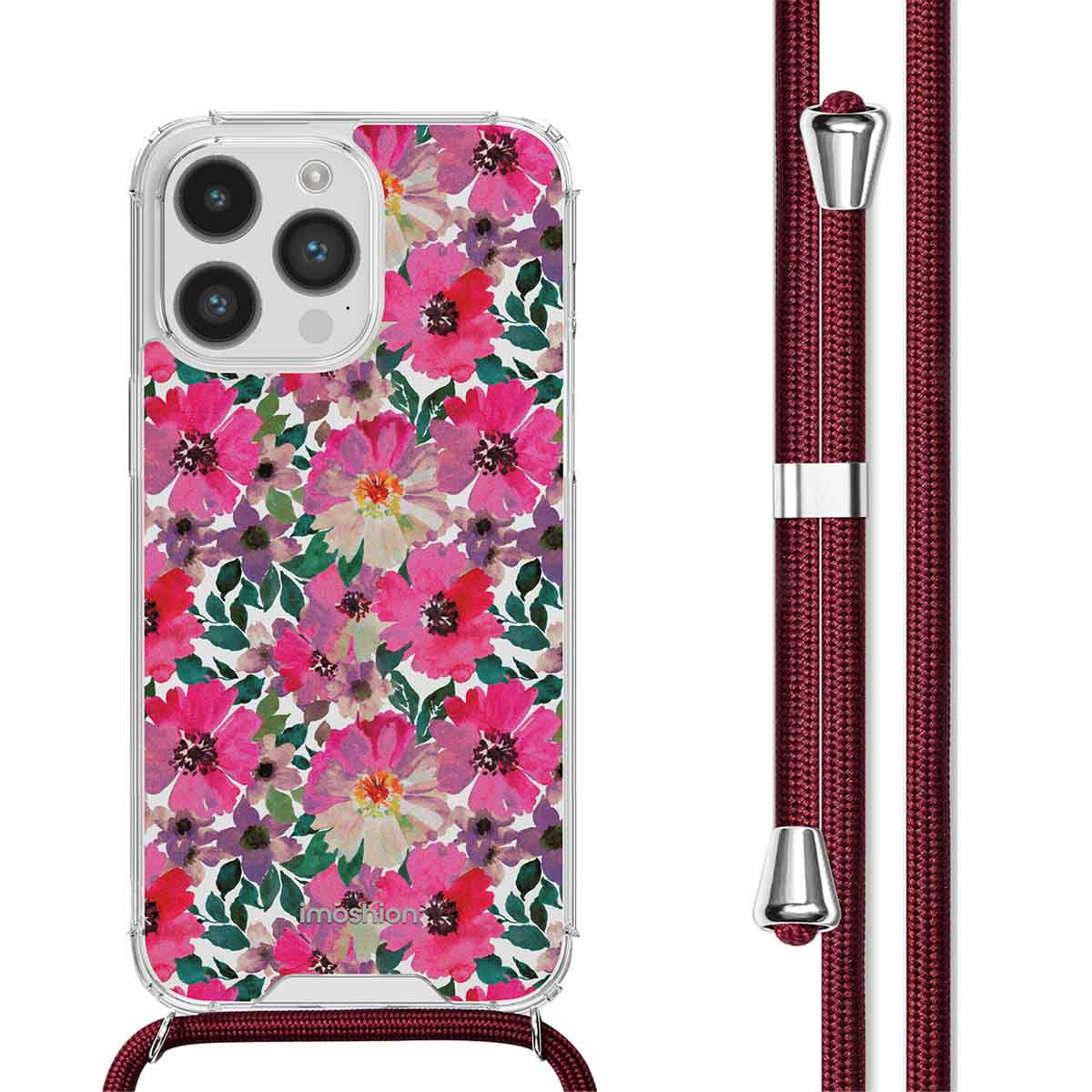 Een telefoon in een bloemenhoesje met een koord, tegen een witte achtergrond.