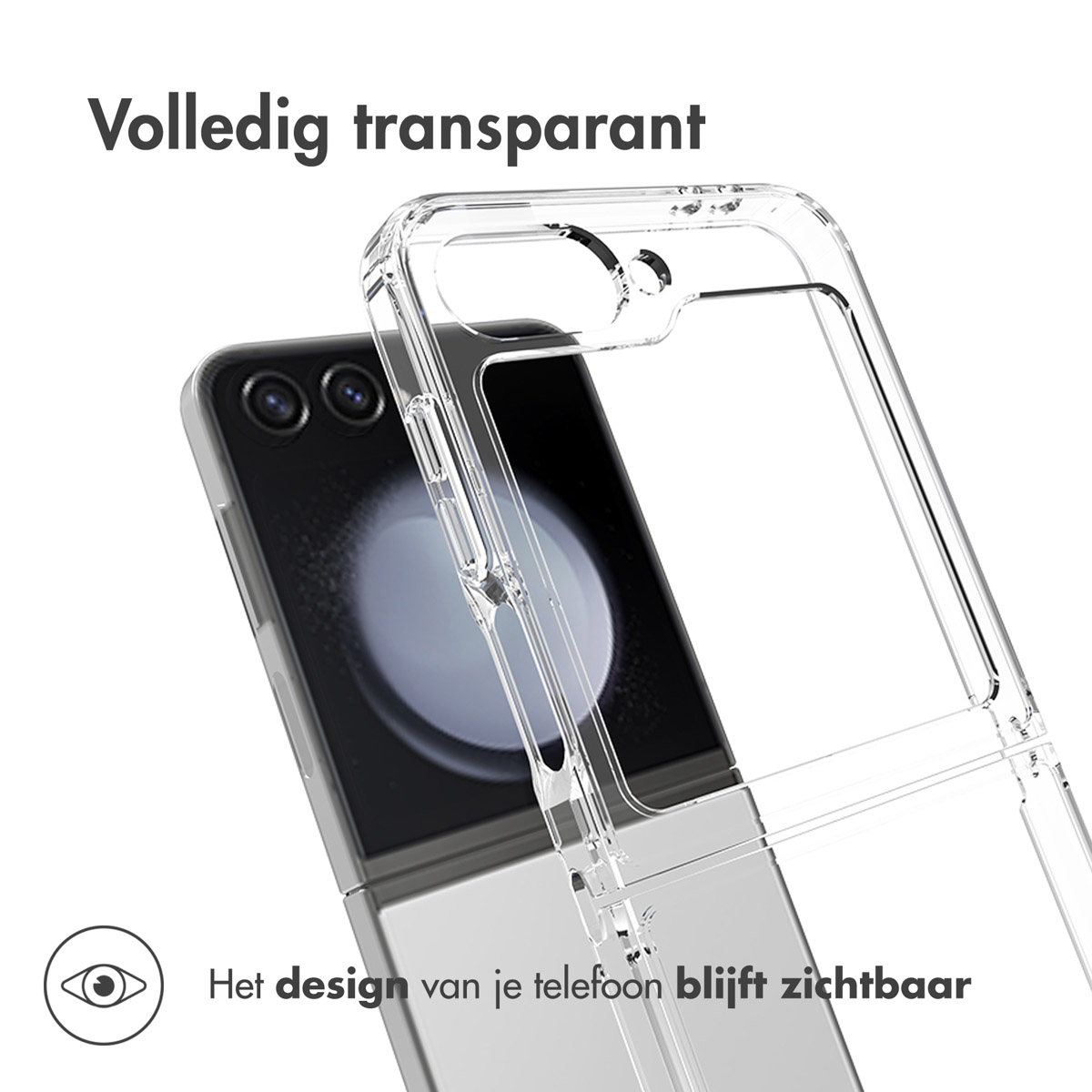 Custodia trasparente per telefono con un telefono all'interno. La custodia è aperta, rivelando il telefono.