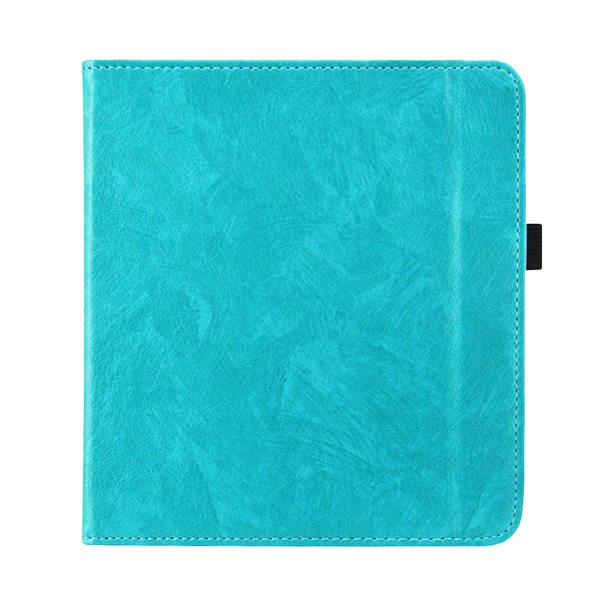 Une housse de tablette bleu clair, fermée, avec des coutures le long des bords.