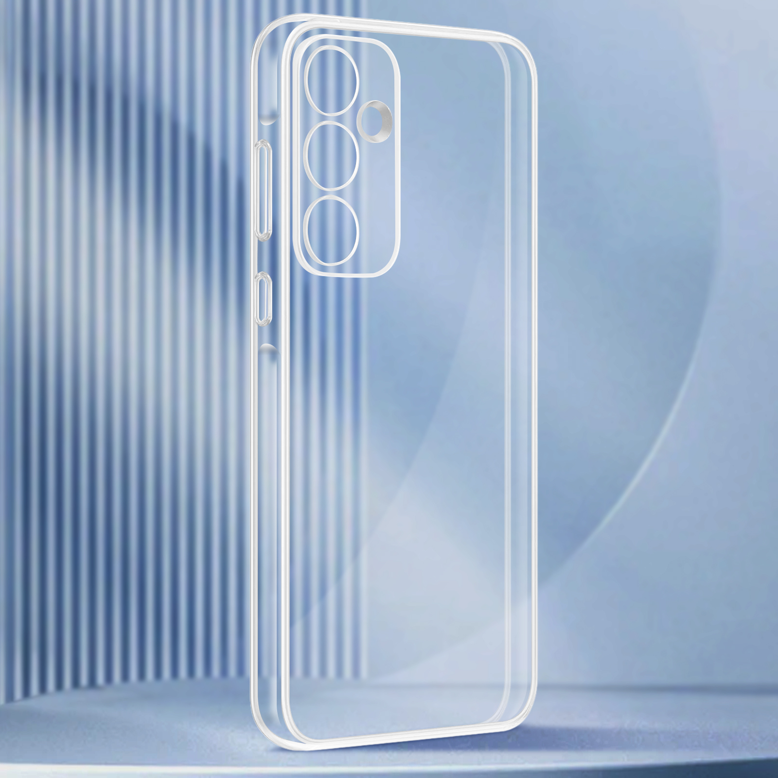 Transparente Handyhülle. Die Hülle ist durchsichtig und zeigt die Rückseite des Telefons. Blauer Hintergrund.