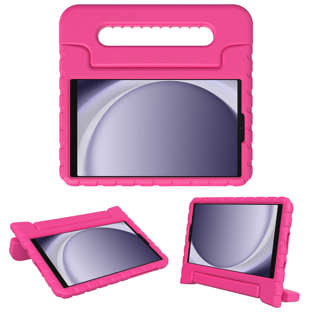 Roze tablethoes met handvat, drie hoeken. Paars scherm in de hoes.