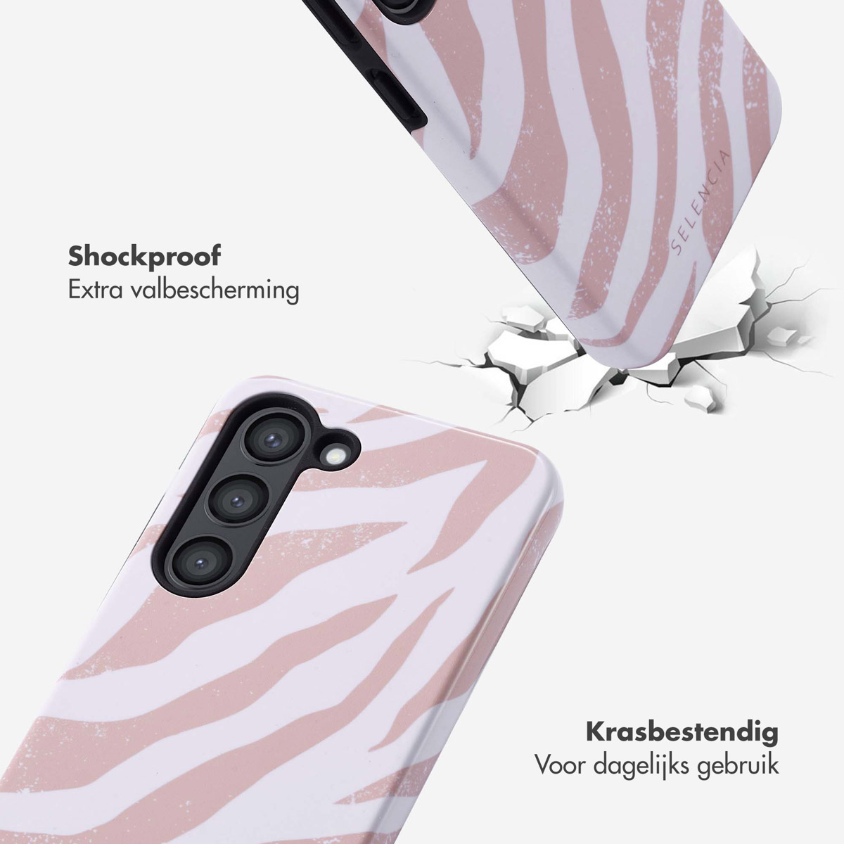 Coque de téléphone à motif zébré rose et blanc. Coque et téléphone avec fissure.